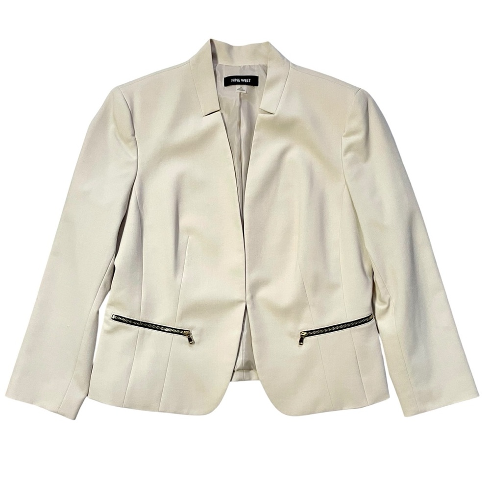 Nine West Long Sleeve Blazer Jacket Gold Zip Pockets Size 8